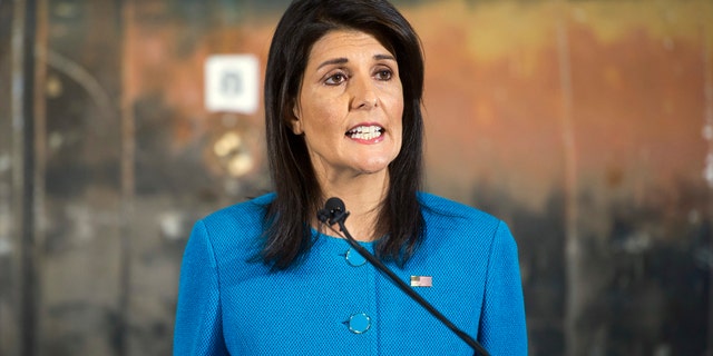 U.S. Ambassador to the U.N. Nikki Haley speaks during a press briefing at Joint Base Anacostia-Bolling, Thursday, Dec. 14, 2017, in Washington. Haley says "undeniable" evidence proves Iran is violating international law by funneling missiles to Houthi rebels in Yemen. Haley unveiled recently declassified evidence including segments of missiles launched at Saudi Arabia from Houthi-controlled territory in Yemen. (AP Photo/Cliff Owen)