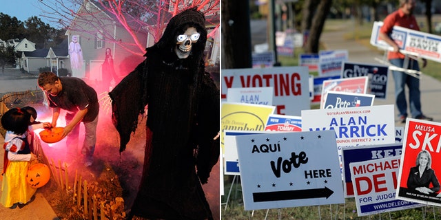 File photos of Halloween trick-or-treating and an early voting polling site.