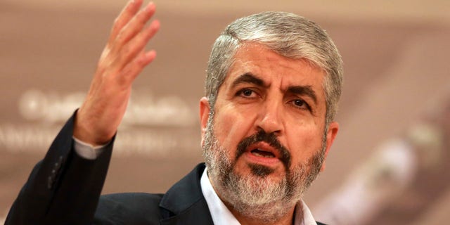 In this Aug. 28, 2014, file photo, Khaled Mashaal leader of the Palestinian Islamic militant movement Hamas, that has governed Gaza since a 2007 takeover, speaks during a speech held in Katara in Doha, Qatar.