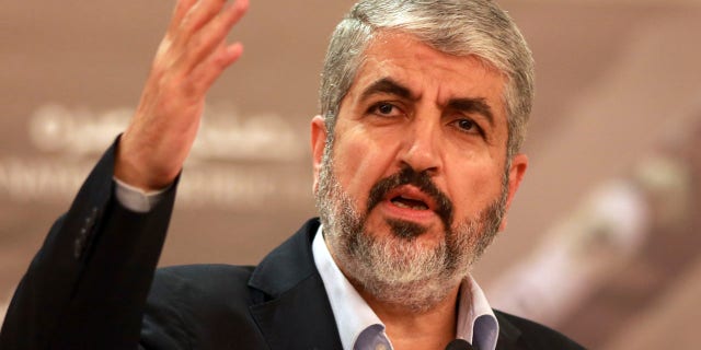 In this Aug. 28, 2014, file photo, Khaled Mashaal leader of the Palestinian Islamic militant movement Hamas, that has governed Gaza since a 2007 takeover, speaks during a speech held in Katara in Doha, Qatar.