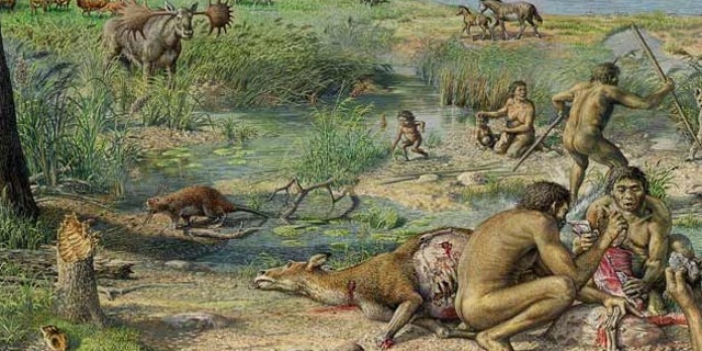 A reconstruction of prehistoric humans living around Happisburgh, UK, about 900,000 years ago.