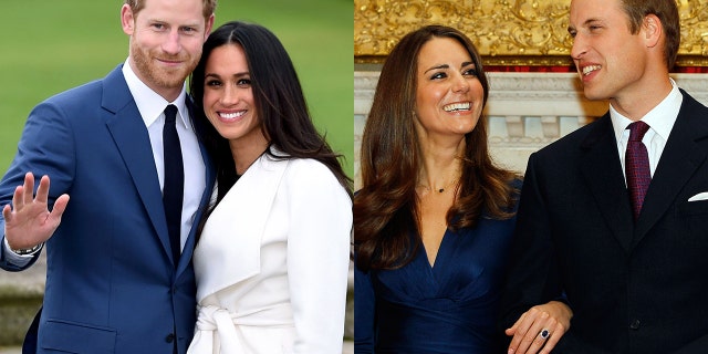 On the left, Prince Harry and Meghan Markle pose for the media in the grounds of Kensington Palace in London, Monday Nov. 27, 2017. On the right, Prince William and his then-fiancee Kate Middleton posed for the media at St. James's Palace in London, after they announced their engagement on Nov. 16, 2010.