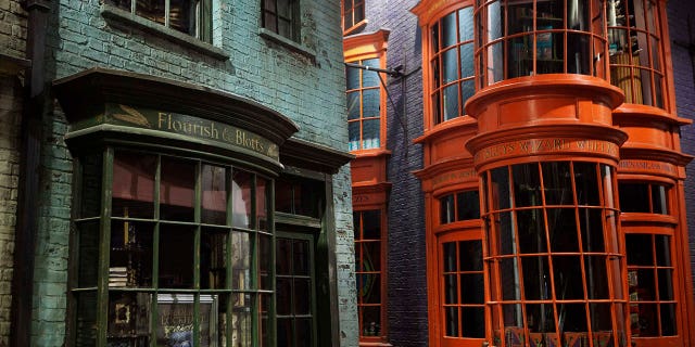 Diagon Alley storefronts from the set of the Harry Potter films are seen at the Warner Bros. Studio in Leavesden.