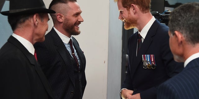 Prince Harry (R) and actors Mark Rylance (L) and Tom Hardy (C) attend the 'Dunkirk' World Premiere at Odeon Leicester Square on July 13, 2017 in London, Britain. REUTERS/Eamonn M. McCormack/Pool - RTX3BD15