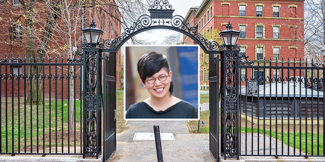 Professor Annabel Kim, pictured in front of the entrance gate into Harvard Yard in Harvard University.