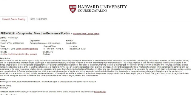 The course description for "Cacaphonies: towards an excremental poetics."