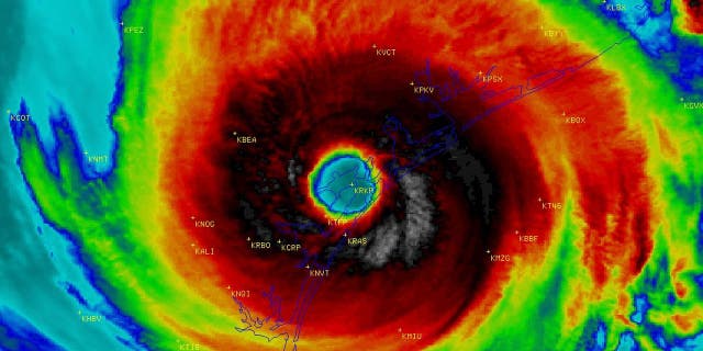The eye of Hurricane Harvey can be seen as it makes landfall near Rockport, Texas in August 2017.