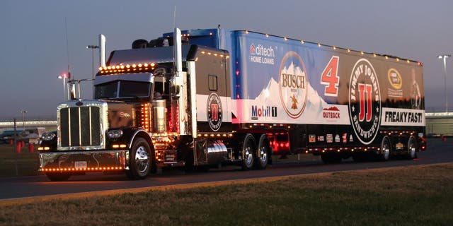 DAYTONA BEACH, FL - FEBRUARY 11: The hauler of Kevin Harvick (not pictured), driver of the #4 Busch Beer/Jimmy John's Chevrolet, arrives at Daytona International Speedway on February 11, 2016 in Daytona Beach, Florida. (Photo by Sarah Crabill/NASCAR via Getty Images)