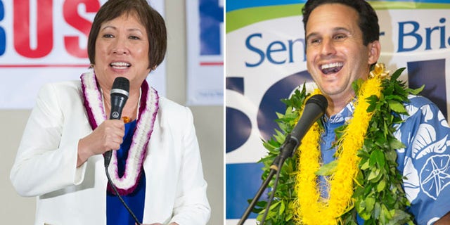 In these Aug. 9, 2014 file photos, U.S. Rep. Colleen Hanabusa, Democrat, from Hawaii's 1st district, addresses her supporters at her campaign headquarters and U.S. Sen. Brian Schatz speaks to supporters at his campaign headquarters in Honolulu.