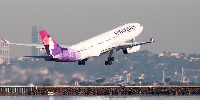 A Hawaiian Airlines Airbus A330-200 takes off at San Francisco International Airport, San Francisco, California, February 16, 2015.