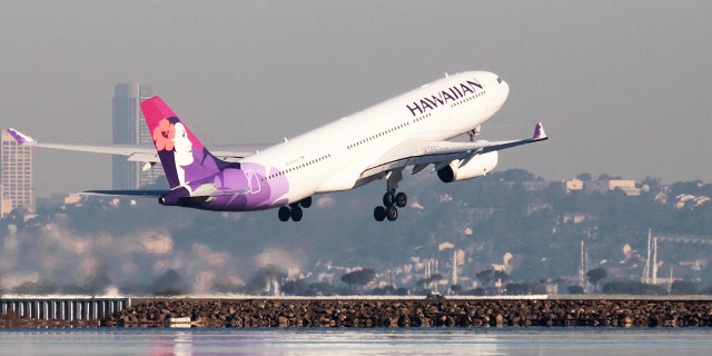 A Hawaiian Airlines Airbus A330-200 takes off at San Francisco International Airport, San Francisco, California, February 16, 2015.
