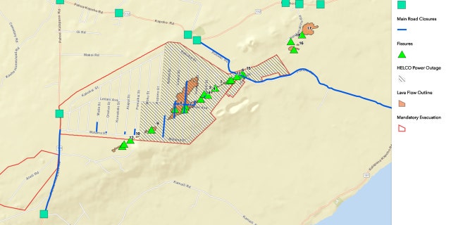 A map showing the location of the volcanic fissures on Hawaii's Big Island as of Tuesday morning.