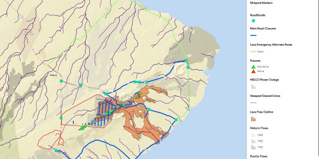 A map showing road closures and location of lava flows from Hawaii's Kilauea volcano.