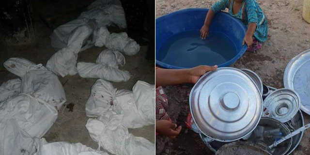 At left, bodies of those executed by ISIS lie wrapped in bags and strewn on city streets. At right, a mother washes dishes in dirty water while her child looks on.