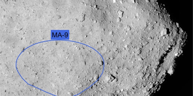 The MA-9 site on the asteroid Ryugu, where the Hayabusa2 spacecraft's MASCOT lander will touch down on Oct. 3, 2018.