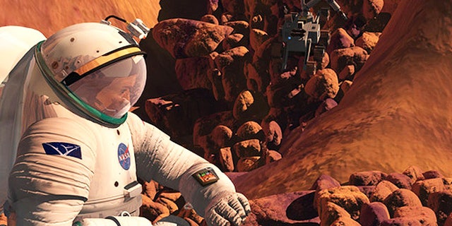 In this artist's concept of the future, an astronaut gathers samples on the surface of Mars, while a robotic explorer stands by to help.