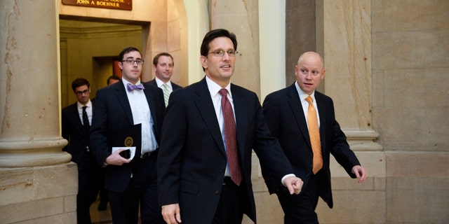 House Majority Leader Eric Cantor of Va., center, leaves the office of House Speaker John Boehner of Ohio, on Capitol Hill in Washington, Friday, Nov. 15, 2013, before a vote on a measure to let insurers keep offering health coverage that falls short of the law's standards. A day earlier, the president changed course in the face of a public uproar over the flawed debut of the Affordable Care Act and said he would take administrative action â which doesn't need congressional approval â to let companies continue selling such plans for at least another year. Unlike the House GOP bill, he would permit such sales to insurers' existing customers only, not to new ones.(AP Photo/J. Scott Applewhite)