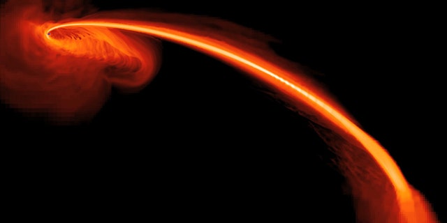 This computer-simulated image shows gas from a tidally shredded star falling into a black hole. Some of the gas also is being ejected at high speeds into space. The light comes from gas falling into the black hole, and glowing helium from the star's helium-rich gas expelled from the system.