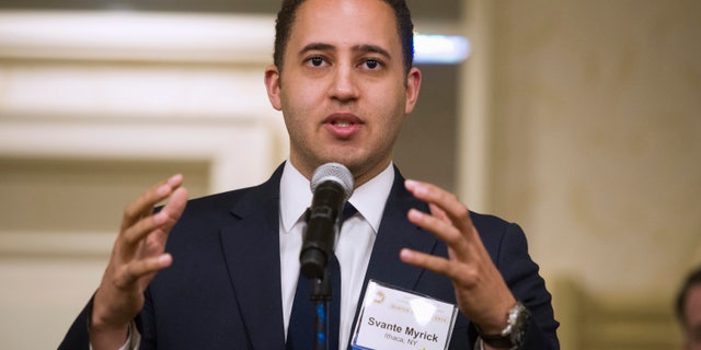 Mayor Svante Myrick speaks during the U.S. Conference of Mayors Winter Meeting in Washington.
