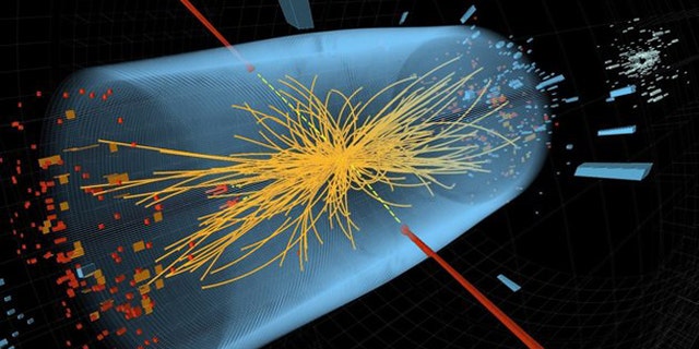 Associated Press/CERN - This undated image made available by CERN shows a typical candidate event including two high-energy photons whose energy (depicted by red towers) is measured in the CMS electromagnetic calorimeter. The yellow lines are the measured tracks of other particles produced in the collision. The pale blue volume shows the CMS crystal calorimeter barrel.