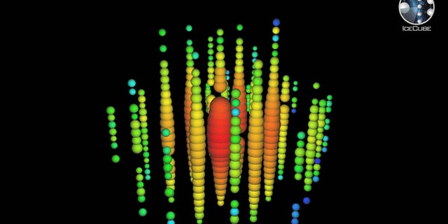This image shows the highest energy neutrino ever observed (1.14 petaelectronvolts), which scientists named 'Ernie,' as seen by the IceCube Neutrino Observatory at the South Pole on Jan. 3, 2012. Image released Nov. 21, 2013.