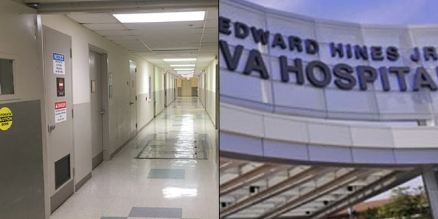 At left, the hallway leading up to the morgue at the Edward Hines Jr. VA Hospital.