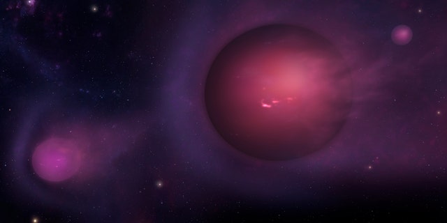 This artist's conception portrays a collection of planet-mass objects that have been flung out of the galactic center at speeds of 20 million miles per hour