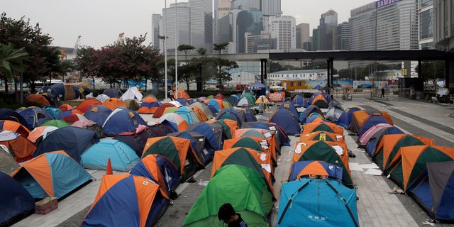 Nov. 14, 2014: Tents set up by pro-democracy protesters are seen at an occupied area outside government headquarters in Hong Kong's Admiralty district in Hong Kong