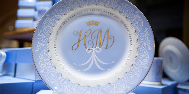 Harry and Meghan royal china on display in London.