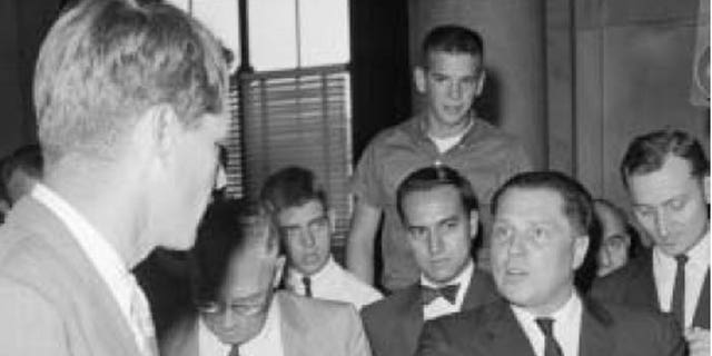 Jimmy Hoffa, shown here in speaking to Robert F. Kennedy, was one of the most powerful men in America when he disappeared. (Courtesy: Chip Fleischer, Steerforth Press)