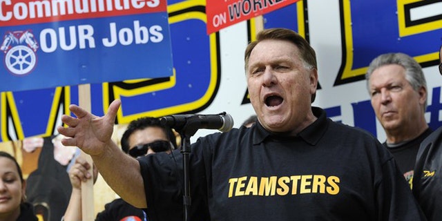 Teamsters President James Hoffa Jr. speaks during a march and rally in Los Angeles March 26.