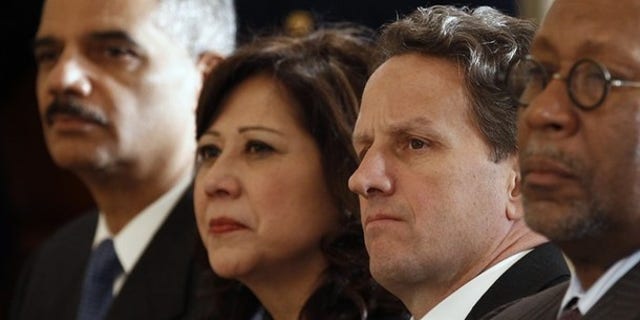 Attorney General Eric Holder, Labor Secretary Hilda Solis, Treasury Secretary Tim Geithner and U.S. Trade Representative Ron Kirk in Washington January 24, 2011. (Reuters)