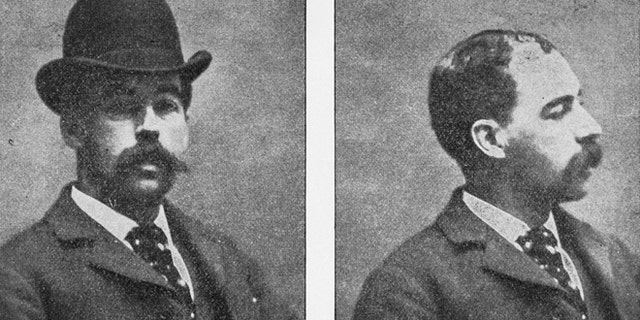 Front and profile portraits of Herman Webster Mudgett, alias H.H. Holmes, from book, titled The Holmes-Pitezel Case, a History of the Greatest Crime of the Century.