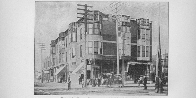Exterior view of residence of Herman Webster Mudgett, a.k.a. H.H. Holmes, on 63rd Street. Mudgett's home was named the Murder Castle. Published in a book titled The Holmes-Pitezel Case: A History of the Greatest Crime of the Century.