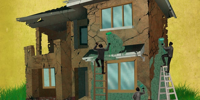 people covering cracked house with money representing home insurance