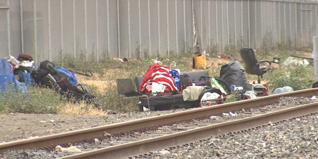 A homeless encampment in East Oakland, Calif., which crews removed in August 2017.
