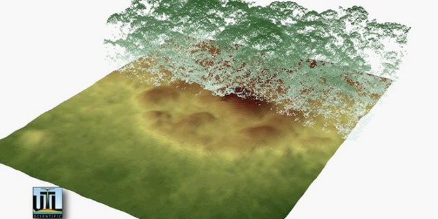 Lidar technology allows researchers to strip away the green forest canopy and reveals features beneath, including this mysterious mound that may be a sign of ancient civilization in the Honduras rainforest.