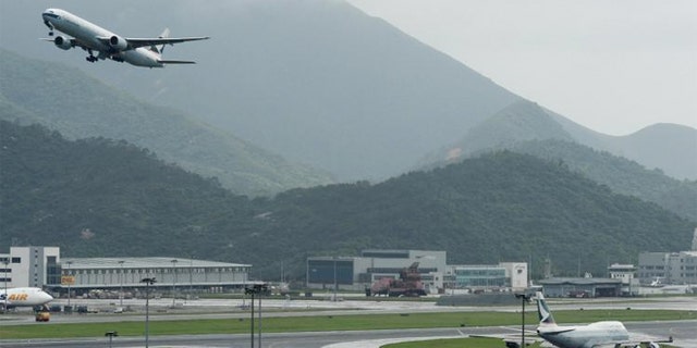 A plane takes off from Hong Kong's international airport.