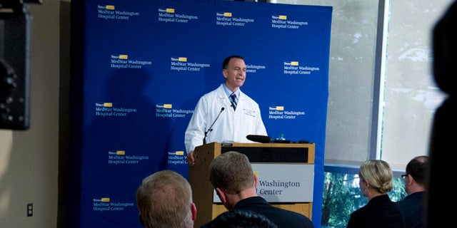 MedStar Washington Hospital Center Director of Trauma Dr. Jack Sava speaks during a news conference in Washington, Friday, June 16, 2017, about the condition of House Majority Whip Steve Scalise of La. who was shot in Alexandria, Va., Wednesday, June 14, 2017, during a congressional baseball practice. (AP Photo/Jose Luis Magana)