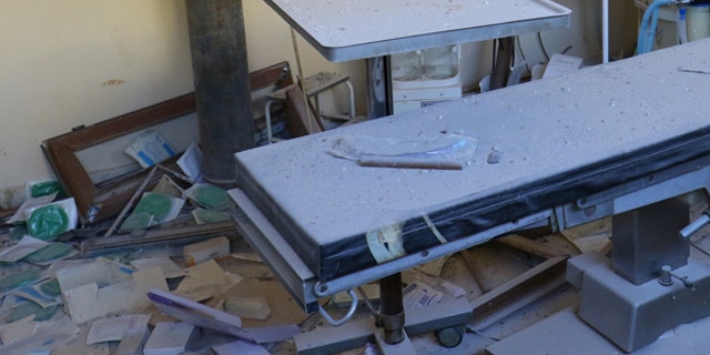 A damaged operation room after an airstrike on the rebel-held town of Atareb, in the countryside west of Aleppo, Syria.