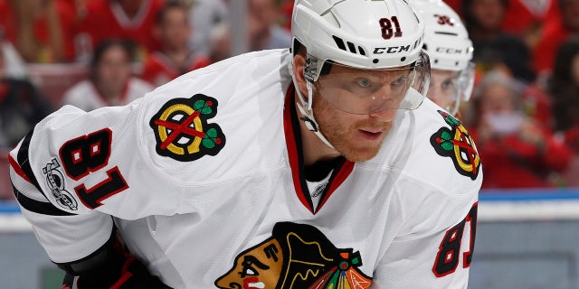 March 25, 2017: Chicago Blackhawks right wing Marian Hossa prepares for a face off against the Florida Panthers during the first period of an NHL hockey game in Sunrise, Fla.