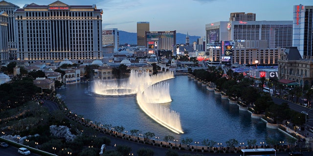 The fountains of the Bellagio hotel erupt along the Las Vegas Strip in Las Vegas.