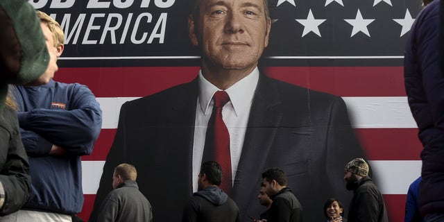People line up outside a "House of Cards" guerrilla marketing campaign in Greenville, South Carolina, February 12, 2016. Actor Kevin Spacey plays the role of Frank Underwood in the Netflix series