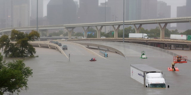 Interstate highway 45 is submerged from the effects of Hurricane Harvey seen during widespread flooding in Houston, Texas, U.S. August 27, 2017.