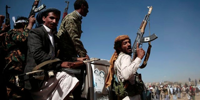 Newly recruited Shiite fighters, known as Houthis, mobilise to fight pro-government forces, in Sanaa, Yemen.