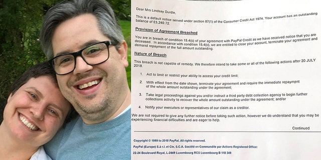 PayPal sent the letter, seen below, to Lindsay and Howard Durdle.