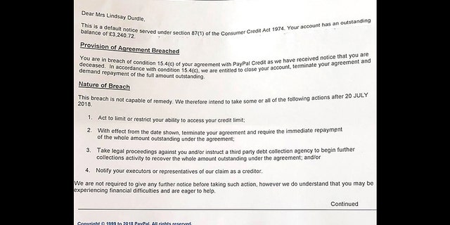 The letter PayPal sent to the Durdle family is seen above.