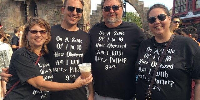 The Bennett family are Harry Potter superfans and visit Universal Orlando dressed in matching custom-made t-shirts that read, "How obsessed am I with Harry Potter? 9 ¾."