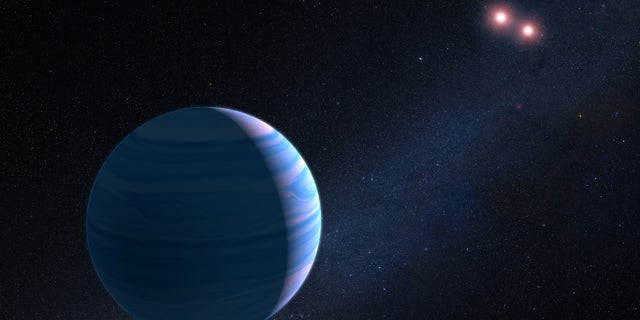 This artist's illustration shows a gas giant planet circling a pair of red dwarf stars in the system OGLE-2007-BLG-349.