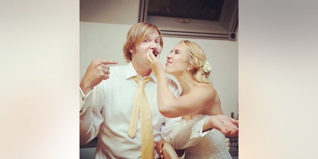 Jo Piazza and her husband, Nick Aster, on their wedding day in September 2015.